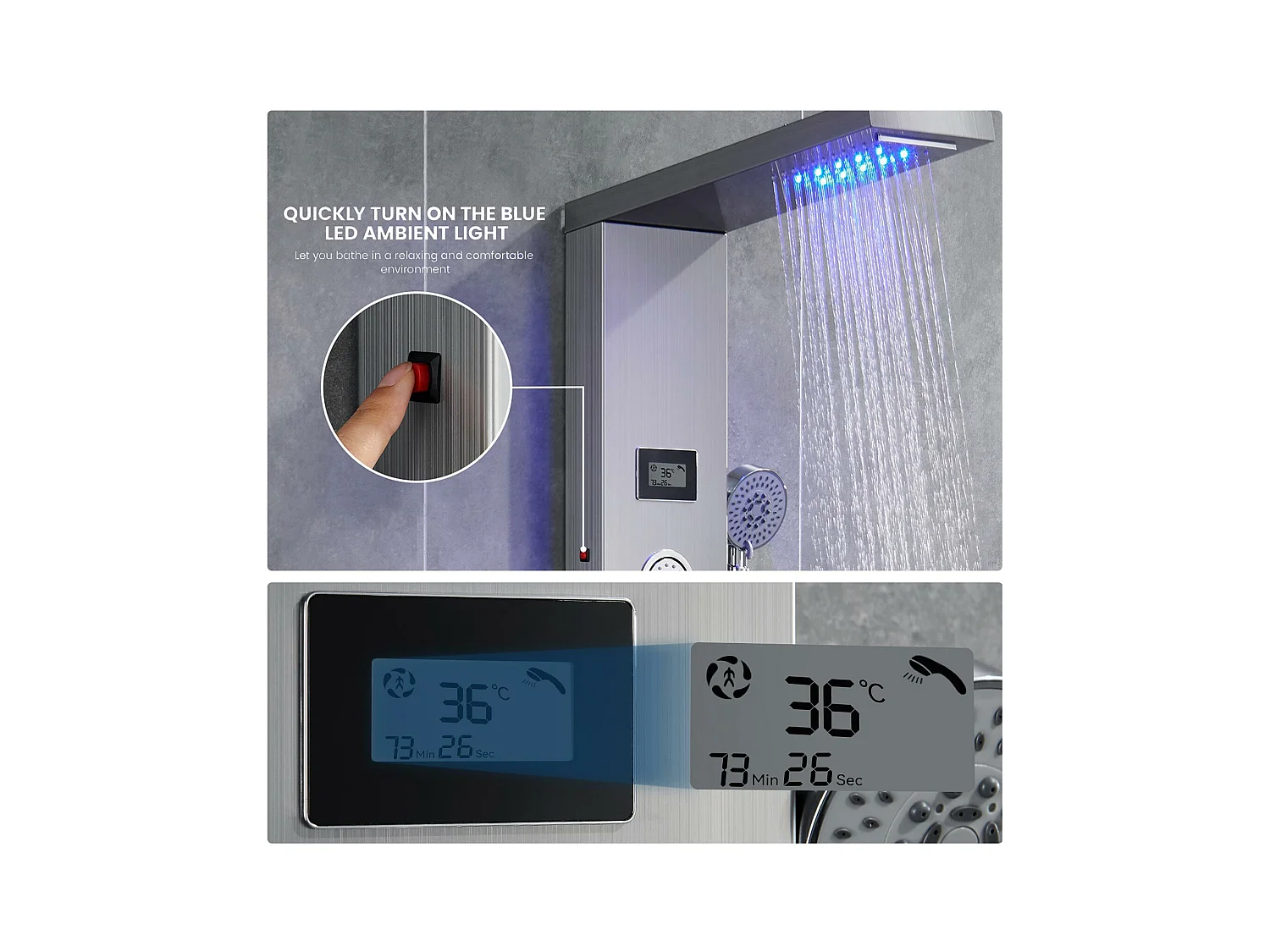 Panneau de Douche AURALUM MAX Colonne de Douche Hydromassante LED Panneau de Douche en Acier Inox Brossé avec 3 Jets de Massage pour Salle de bain