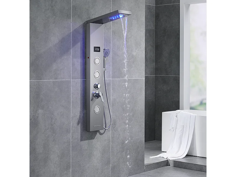 Panneau de Douche AURALUM MAX Colonne de Douche Hydromassante LED Panneau de Douche en Acier Inox Brossé avec 3 Jets de Massage pour Salle de bain