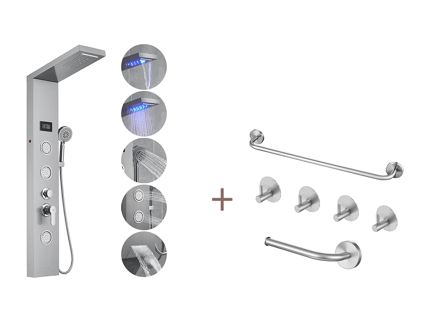 Auralum MAX Panneau Douche LED LCD Indicateur de température,en Inox Brossé avec 3 Jets Massage+Ensemble Salle Bain Accessoire 6 Pièces,Inox,Brossé