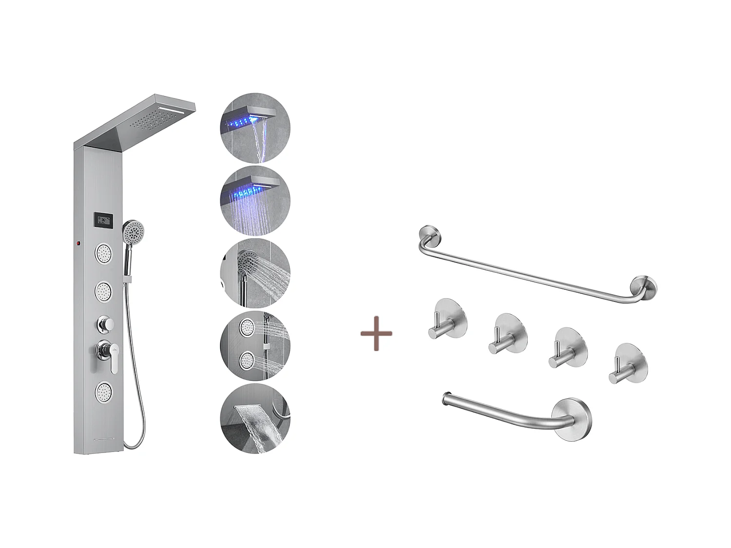 Auralum MAX Panneau Douche LED LCD Indicateur de température,en Inox Brossé avec 3 Jets Massage+Ensemble Salle Bain Accessoire 6 Pièces,Inox,Brossé