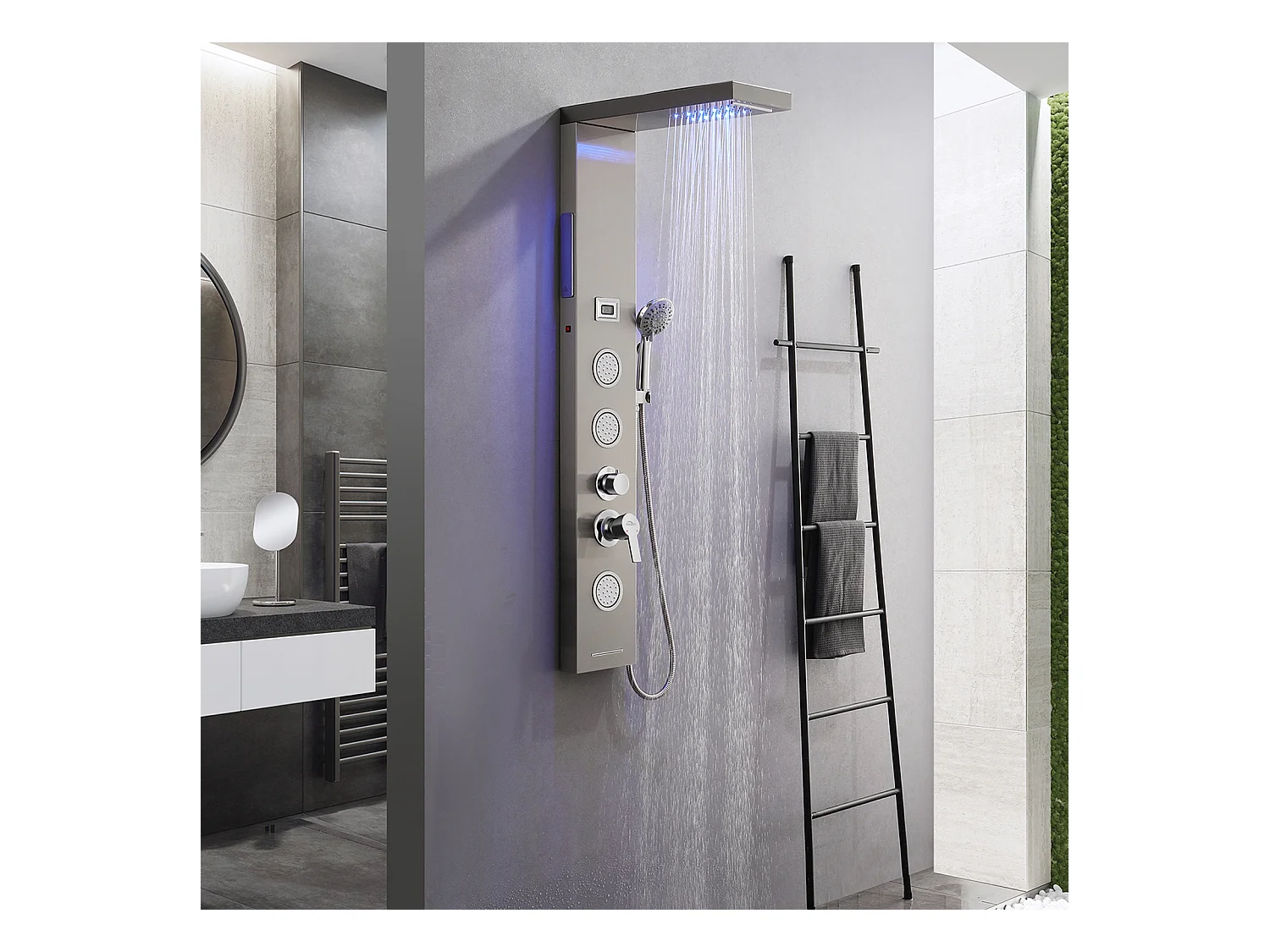 Panel DOuche LED LCD Indicador de temperatura,inoxidable cepillado con 3 chorros de masaje+conjunto accesorios baño 6 piezas,inoxidable,cepillado