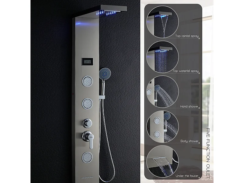 Panneau Douche LED LCD Indicateur de température Colonne Douche Hydromassante Panneau Douche en Acier Inox Brossé avec 3 Jets de Massage,EU Modèle