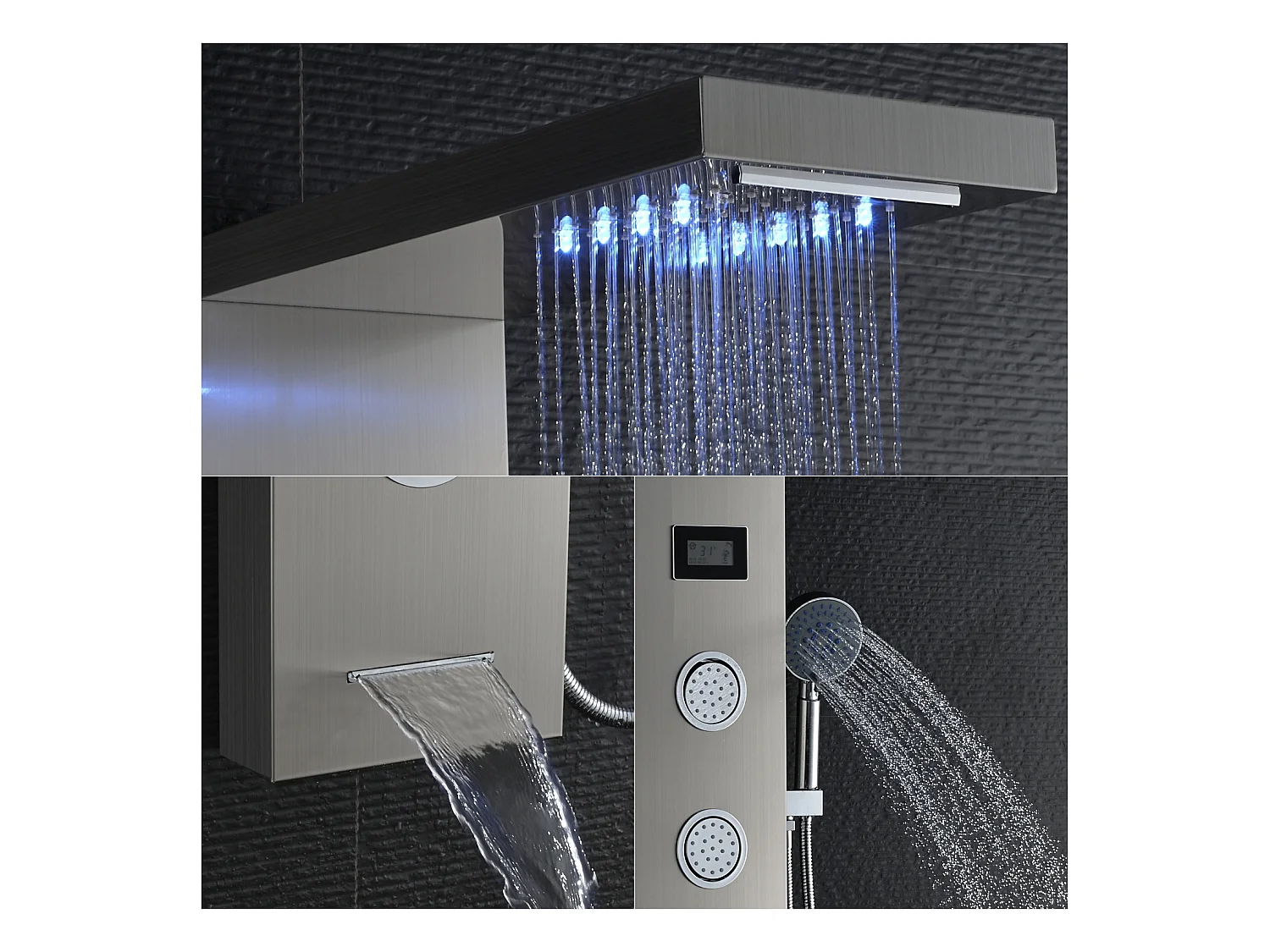 Panneau Douche LED LCD Indicateur de température Colonne Douche Hydromassante Panneau Douche en Acier Inox Brossé avec 3 Jets de Massage,EU Modèle