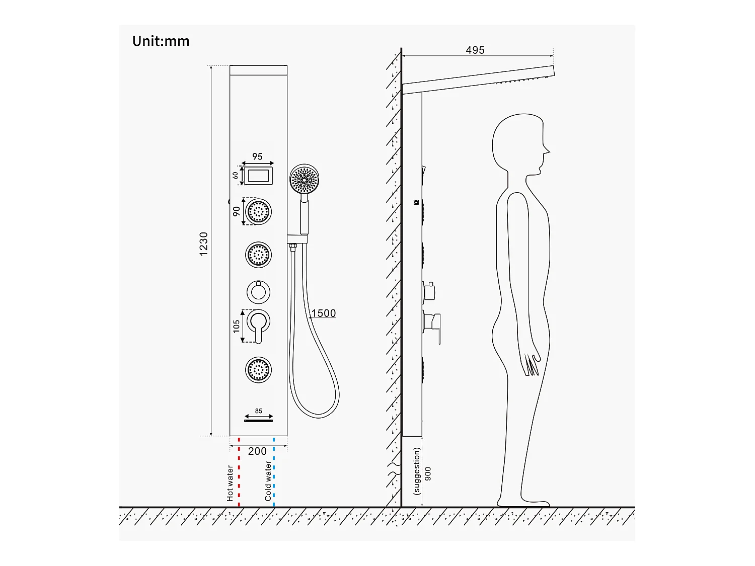 Panneau Douche LED LCD Indicateur de température Colonne Douche Hydromassante Panneau Douche en Acier Inox Brossé avec 3 Jets de Massage,EU Modèle