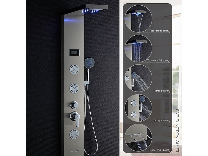 Douchepaneeltorensysteem (6 in 1) met regendouchekop en led, (1345 mm) geborstelde