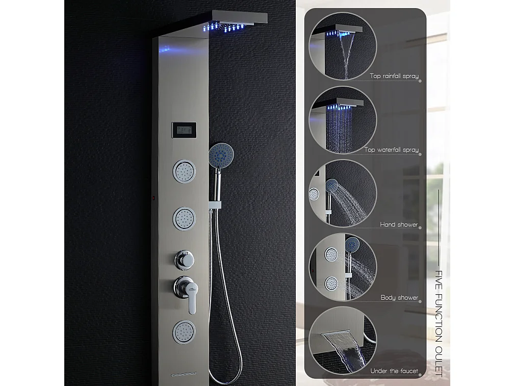 Panel de Ducha LED LCD Indicador de temperatura Columna Ducha Hidromasaje Panel Ducha de Acero Inoxidable Cepillado con 3 Jets de Masaje,Modelo UE
