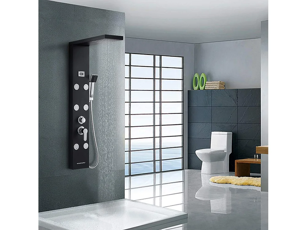AURALUM MAX Columna de Ducha Negro LED Panel de Ducha Hidromasajes Sistema de Ducha Multifuncional Columna de Pared 6 Grandes Boquillas Masajeantes