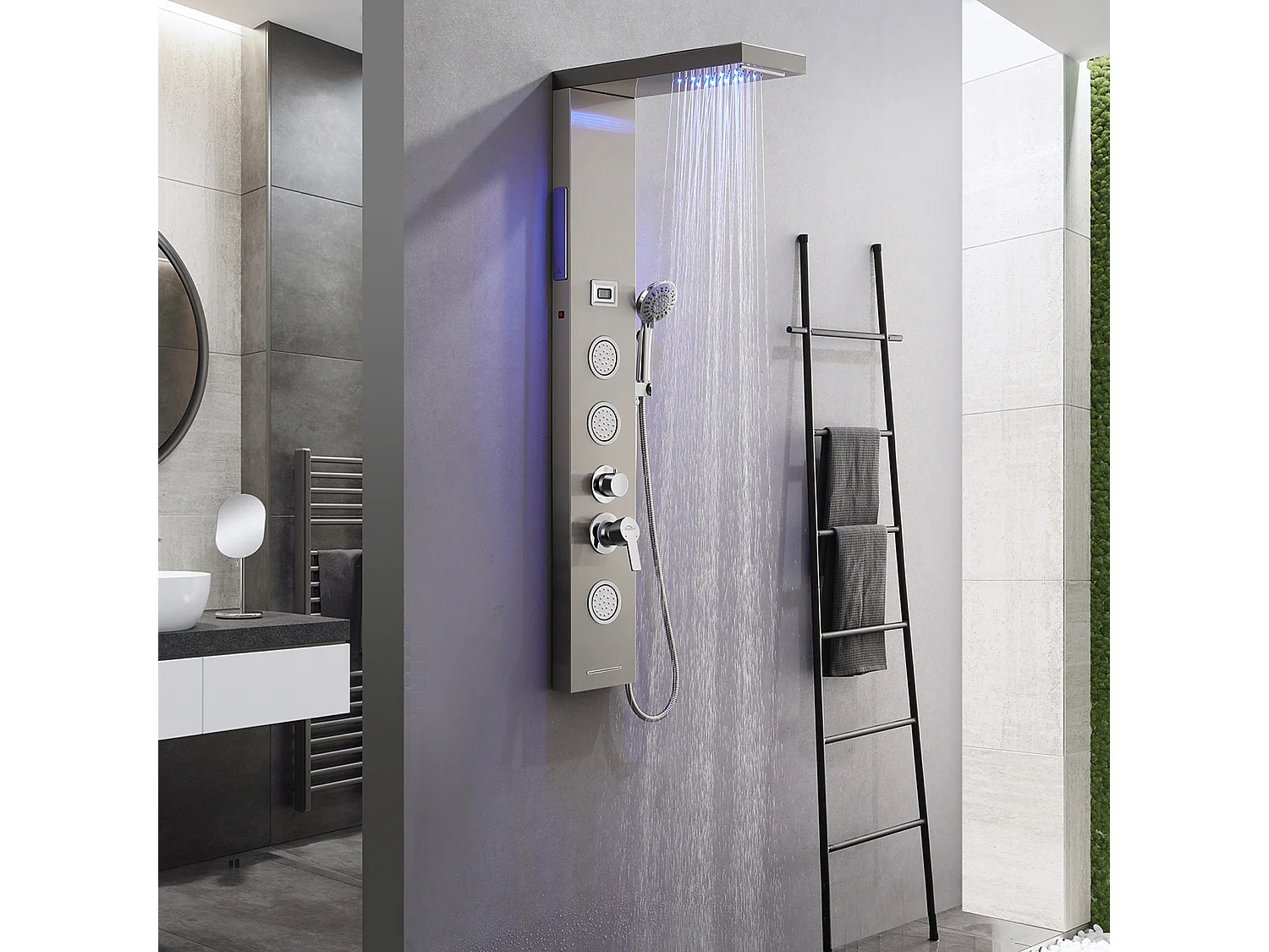 Auralum MAX PaDouche LED LCD Temperatuur Indicator, in geborsteld roestvrij staal met 3 massagestralen + 60 cm handdoekhouder badkamer Zelfklevend / Boren