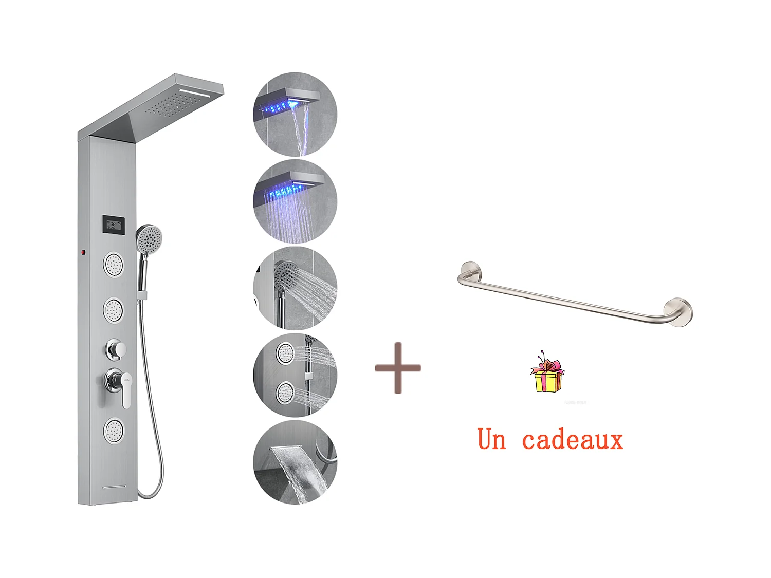 Auralum MAX Panneau Douche LED LCD Indicateur de Température,en Inox Brossé avec 3 Jets Massage+60cm Porte-Serviettes Salle Bain Auto-adhésif/Perçage