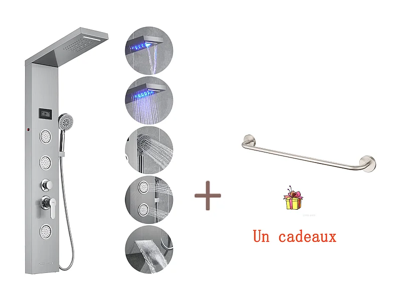 Auralum MAX Panneau Douche LED LCD Indicateur de Température,en Inox Brossé avec 3 Jets Massage+60cm Porte-Serviettes Salle Bain Auto-adhésif/Perçage