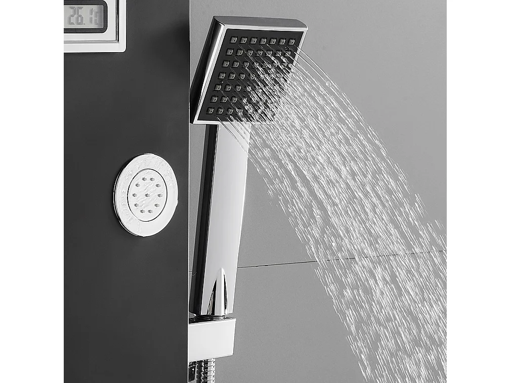 Panneau Colonne de Douche Hydromassante Noir Panneau Douche Kit en Acier Inox avec 6 Grandes Buses Massants Ensemble Douche avec Écran LCD-EU Modèle