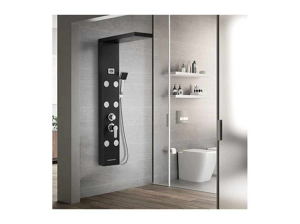 Panneau Colonne de Douche Hydromassante Noir Panneau Douche Kit en Acier Inox avec 6 Grandes Buses Massants Ensemble Douche avec Écran LCD-EU Modèle