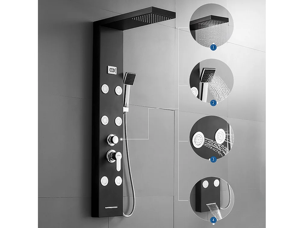 Zwart Hydromassage Douche Kolom Paneel RVS Doucheset met 6 Grote Massage Mondstukken Doucheset met LCD-scherm-EU Model