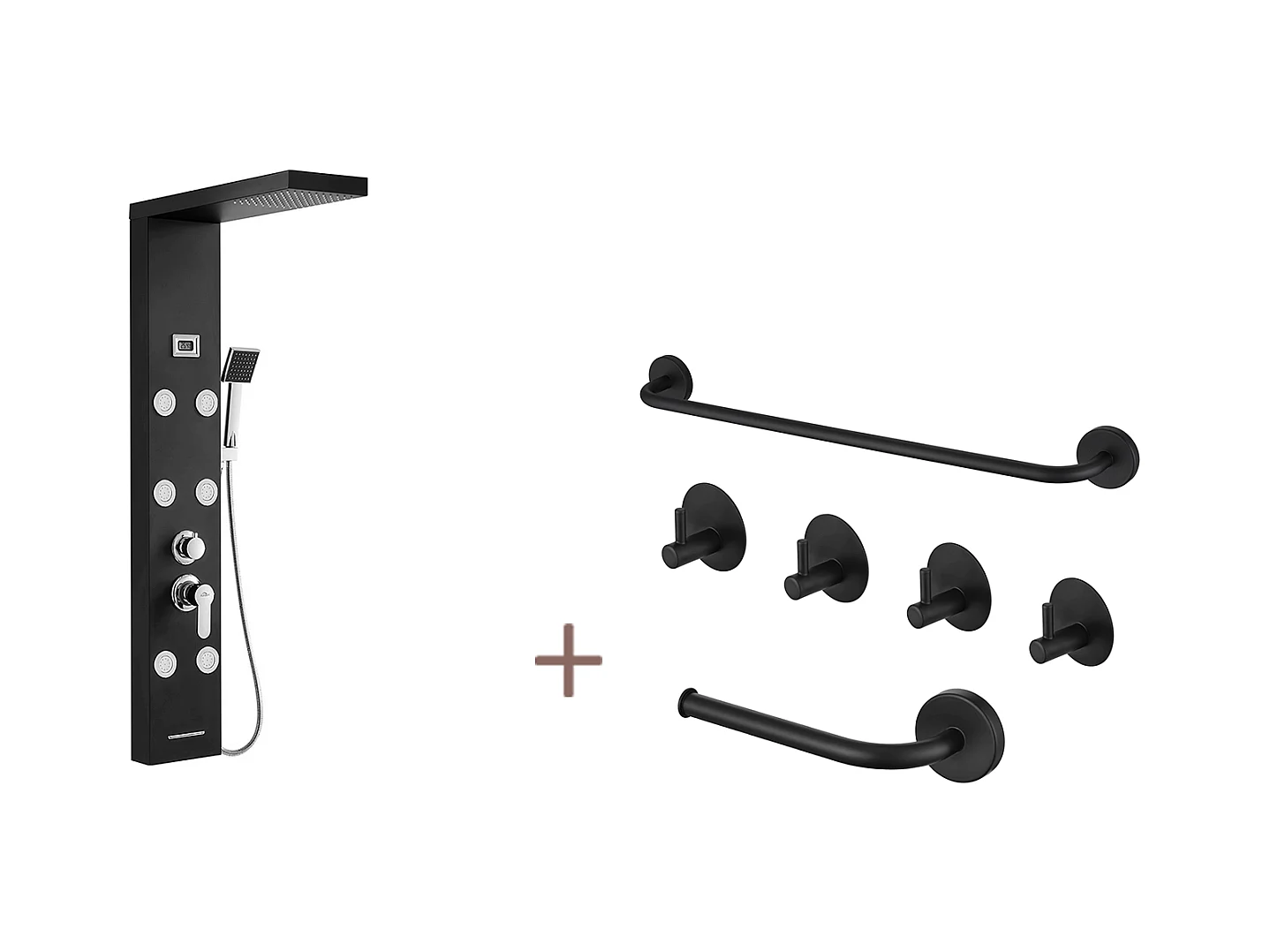 Panneau Douche Hydromassante Noir,inoxydable,avec 6 Buses Massants,Écran LCD+Ensemble Salle Bain Accessoire 6 Pièces,Auto-adhésif/percer,nox,Noir