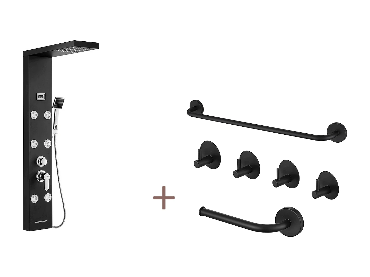 Zwart Hydromassage Douchepaneel, Roestvrij, Met 6 Massage Mondstukken, LCD Scherm + Badkamer Accessoire Set 6 Stuks, Zelfklevend/boren, Noot, Zwart