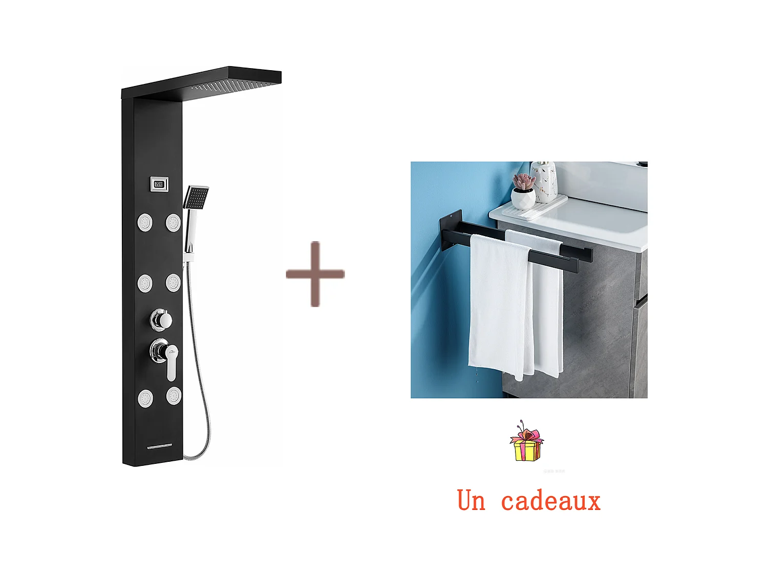 Hydromassage Douchekolompaneel, met 6 grote massagesproeiers, LCD-scherm + handdoekhouder in de kamerZelfklevend bad/boren, handdoekstangen, zwart