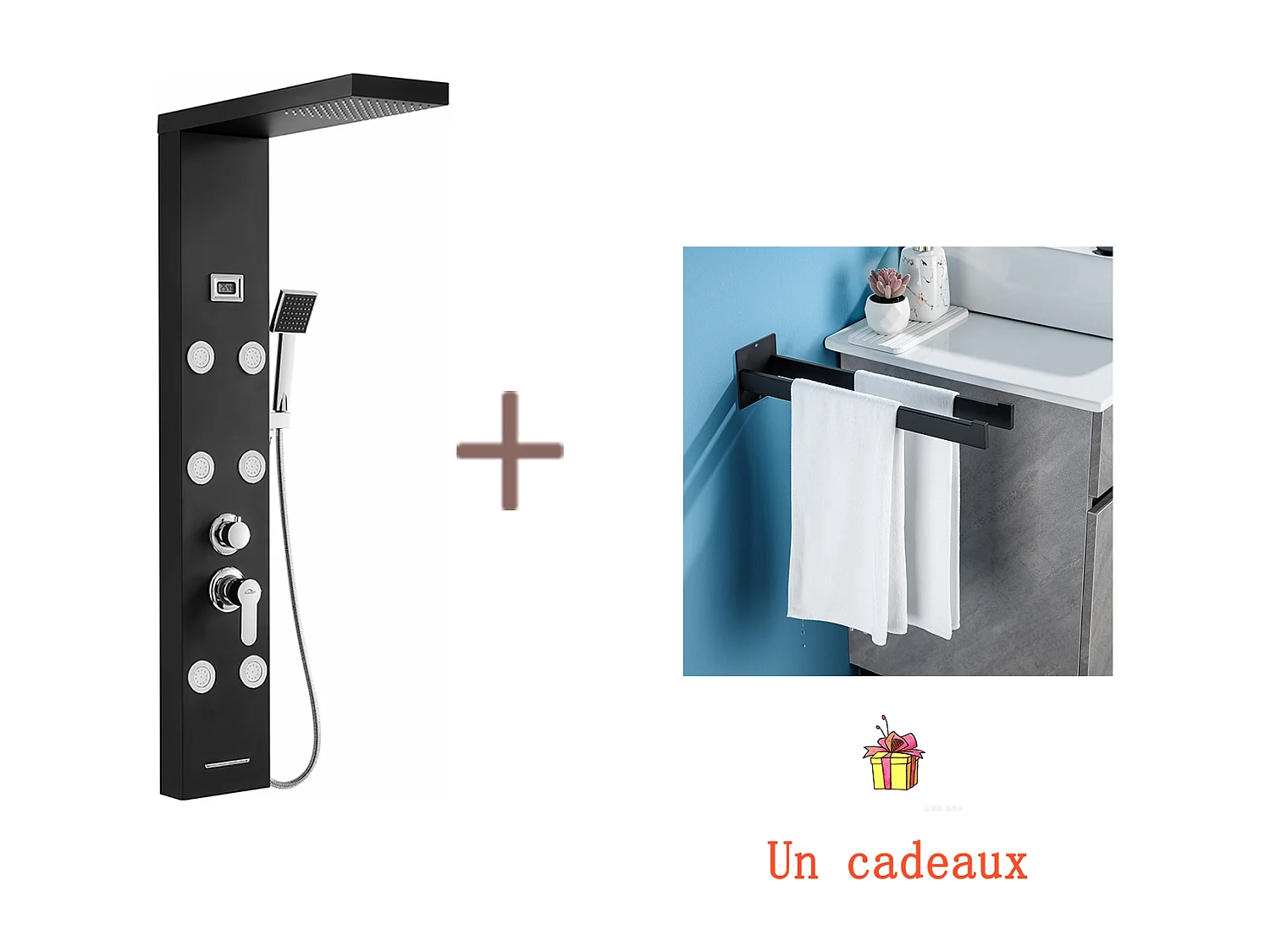 Pannello Colonna Doccia Idromassaggio, Con 6 Grandi Ugelli Massaggianti, Schermo LCD+Porta Asciugamani Bagno Adesivo/Foratura,Barre Porta Asciugamani