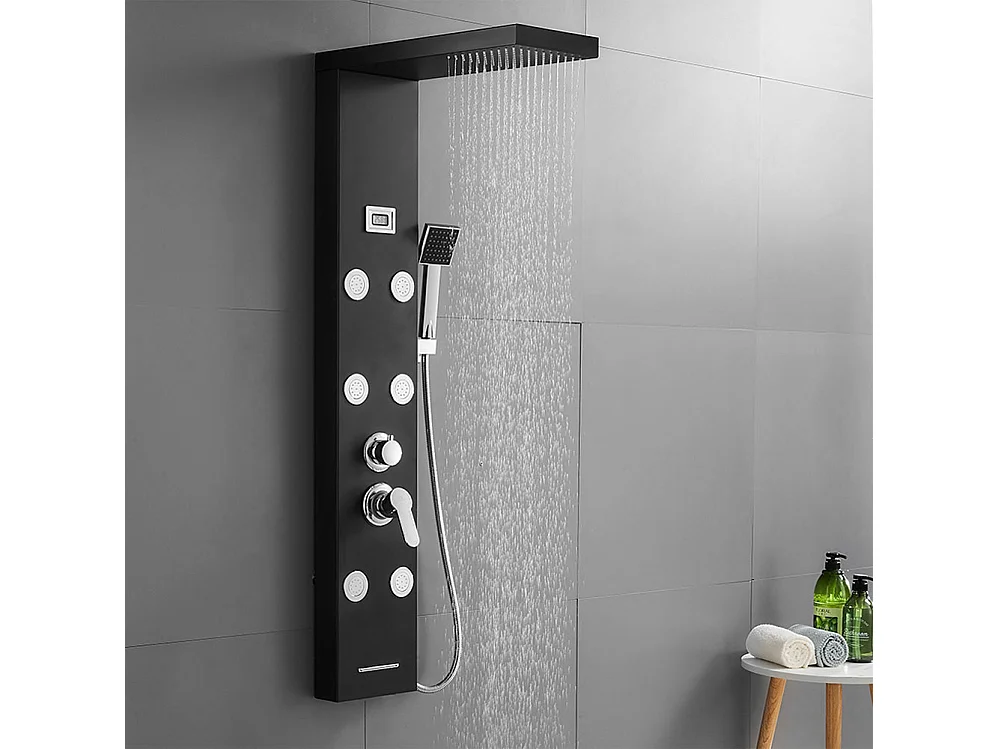 Pannello Colonna Doccia Idromassaggio, Con 6 Grandi Ugelli Massaggianti, Schermo LCD+Porta Asciugamani Bagno Adesivo/Foratura,Barre Porta Asciugamani