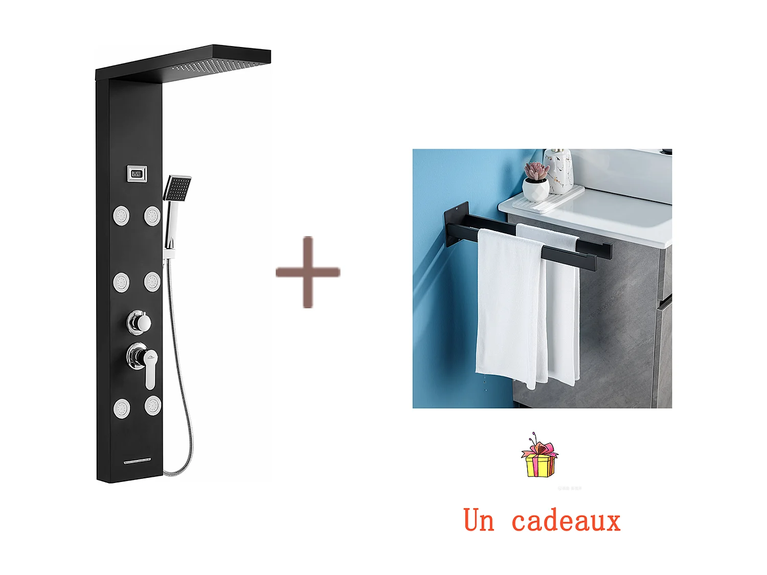 Panneau Colonne Douche Hydromassante,avec 6 Grandes Buses Massants,Écran LCD+Porte Serviette Salle Bain Adhésif/Perçage,Barres Porte Serviettes,Noir