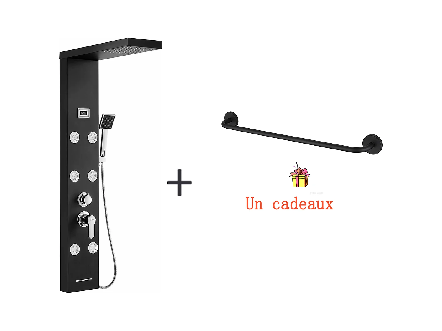 Schwarzes Hydromassage-Duschsäulenpaneel, Edelstahl mit 6 großen Massagedüsen, LCD-Bildschirm + Badezimmer-Handtuchhalter, selbstklebend/bohrend, 60 cm