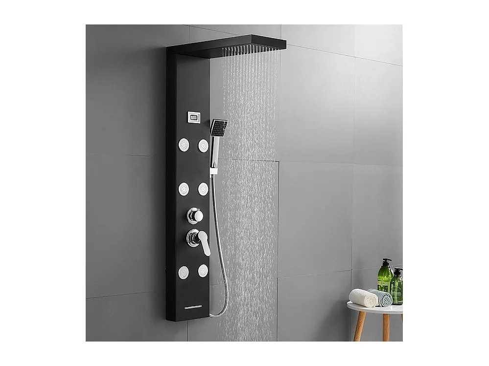 Schwarzes Hydromassage-Duschsäulenpaneel, Edelstahl mit 6 großen Massagedüsen, LCD-Bildschirm + Badezimmer-Handtuchhalter, selbstklebend/bohrend, 60 cm