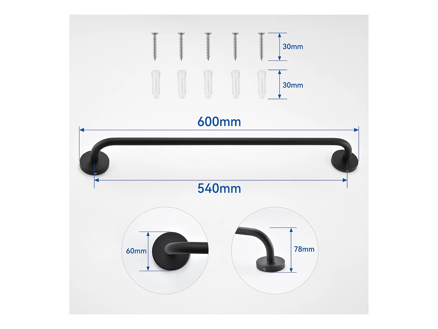 Schwarzes Hydromassage-Duschsäulenpaneel, Edelstahl mit 6 großen Massagedüsen, LCD-Bildschirm + Badezimmer-Handtuchhalter, selbstklebend/bohrend, 60 cm