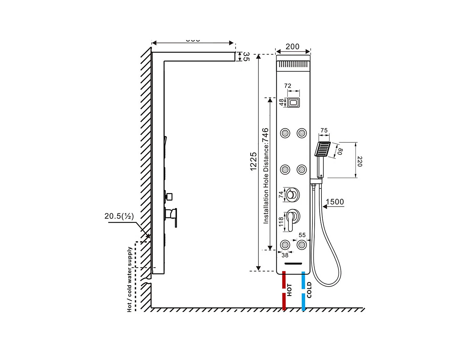 Panneau Colonne Douche Hydromassante Noir,en Inox avec 6 Grandes Buses Massants,Écran LCD+Porte-Serviettes de Salle de Bain,Auto-adhésif/ Perçage,60CM
