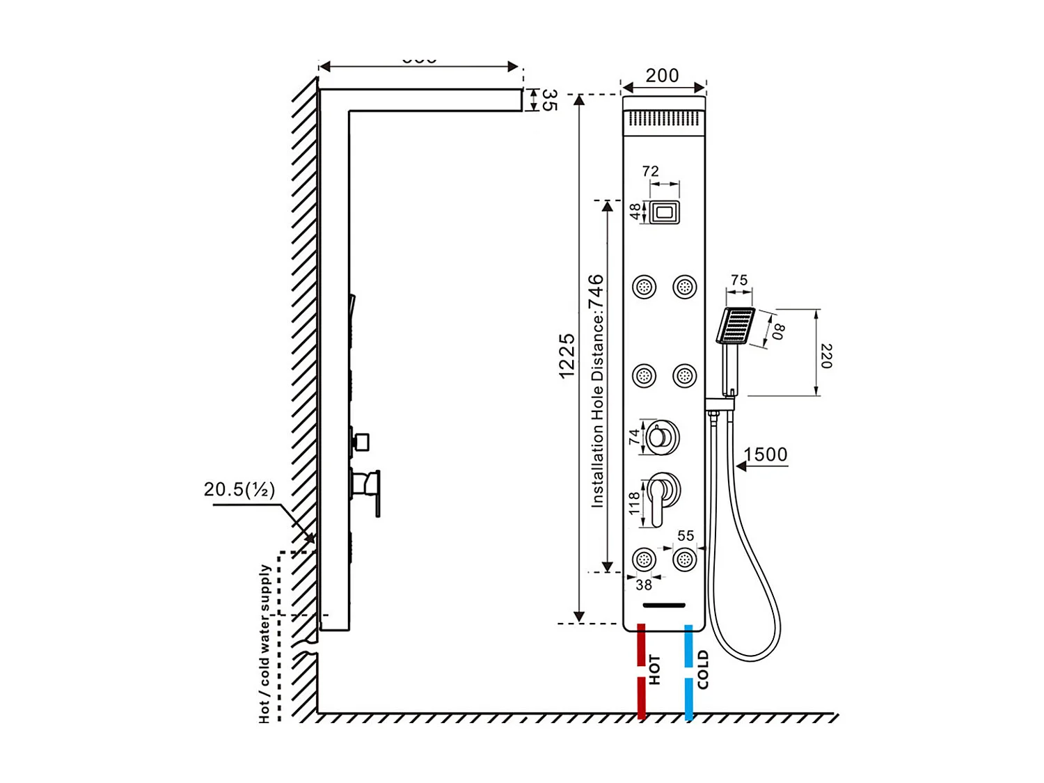 Pannello Colonna Doccia Idromassaggio Nero, in acciaio inossidabile con 6 grandi ugelli massaggianti,Schermo LCD+Porta asciugamani  bagno,Autoadesivo
