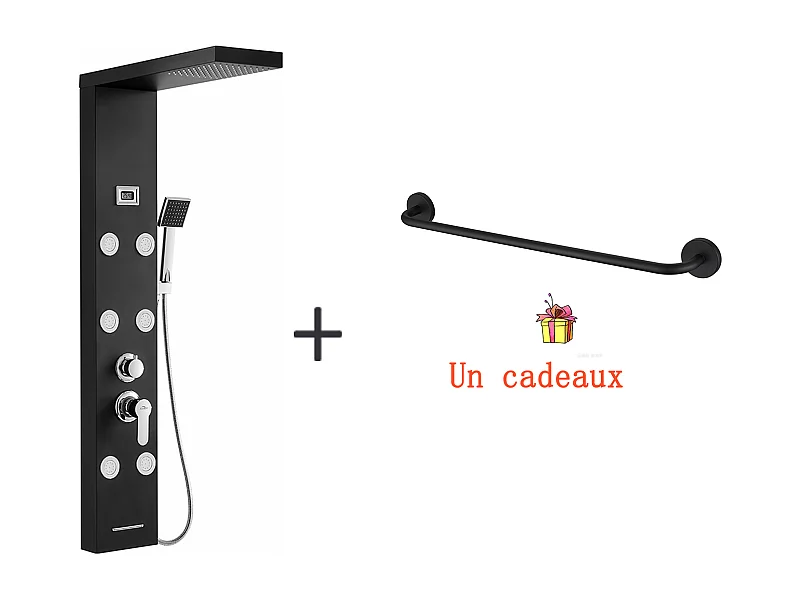 Panneau Colonne Douche Hydromassante Noir,en Inox avec 6 Grandes Buses Massants,Écran LCD+Porte-Serviettes de Salle de Bain,Auto-adhésif/ Perçage,60CM
