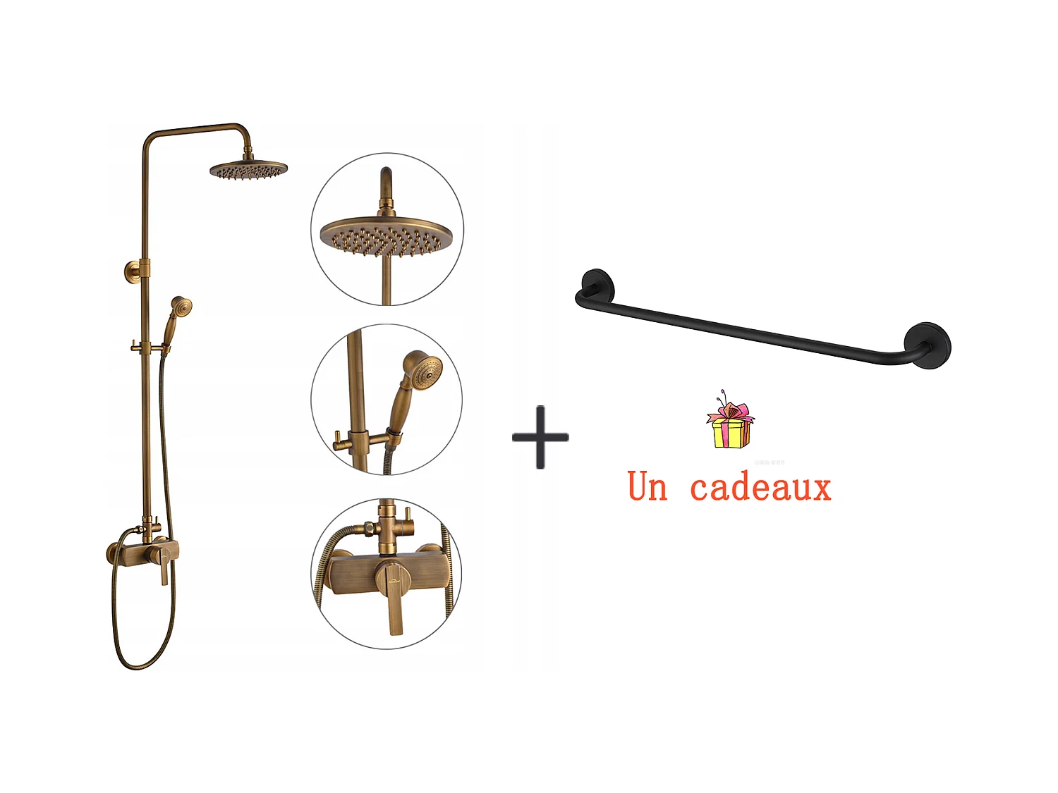 Colonna doccia in ottone BronZe Retro,Doccia con Miscelatore Meccanico,Altezza Regolabile+Portasciugamani da Bagno,Autoadesivo/Foratura,60CM,INOX