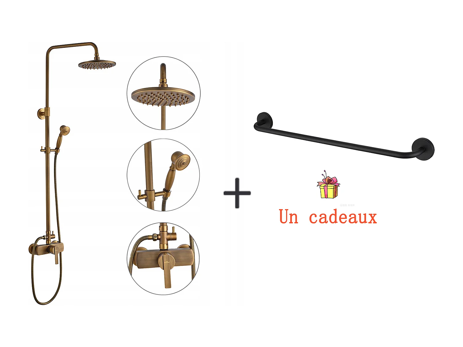 Colonne douche en laiton Bronze Rétro,Douche avec Mitigeur Mécanique,Hauteur Réglable+Porte-Serviettes de Salle Bain,Auto-adhésif/ Perçage,60CM,INOX