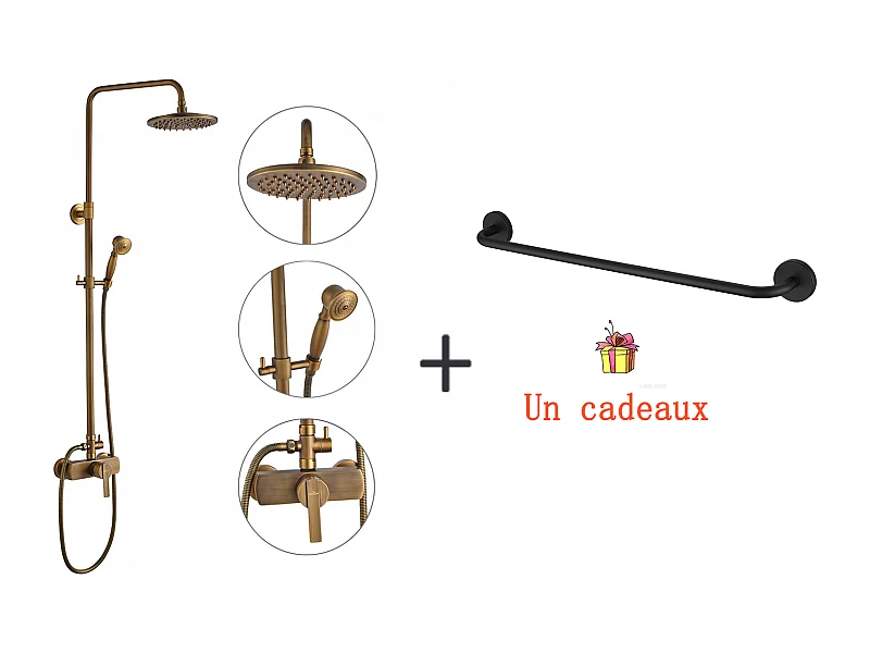 Colonne douche en laiton Bronze Rétro,Douche avec Mitigeur Mécanique,Hauteur Réglable+Porte-Serviettes de Salle Bain,Auto-adhésif/ Perçage,60CM,INOX