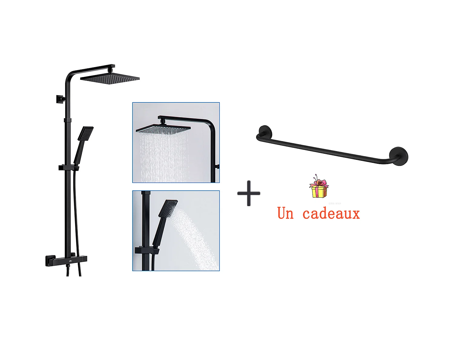 AURALUM MAX Colonne de Douche Thermostatique Noir,Réglable Hauteur,avec mitigeur+Porte-Serviettes de Salle de Bain,Auto-adhésif/ Perçage,60CM,en INOX