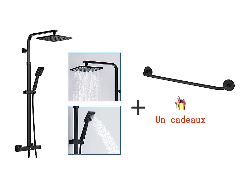 AURALUM MAX Colonne de Douche Thermostatique Noir,Réglable Hauteur,avec mitigeur+Porte-Serviettes de Salle de Bain,Auto-adhésif/ Perçage,60CM,en INOX