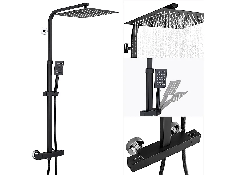 Colonne Douche Thermostatique,Colonne Douche Noir de 38°C avec Mitigeur Systeme Douche Thermostatique Réglable Hauteur 90-116cm,Salle Bain