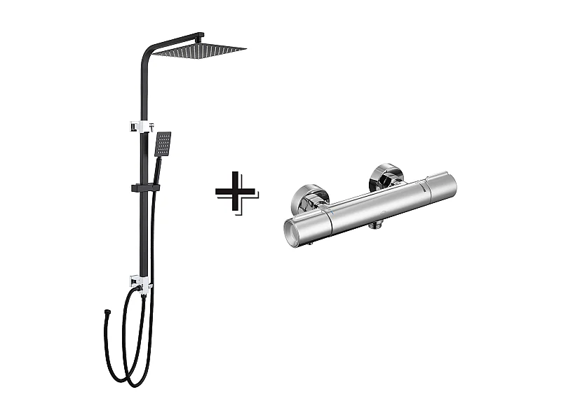 Schwarze Duschsäule, ohne Mischer, höhenverstellbar 690-1130 cm + Thermostat-Brausemischer, sicherer Knopf bei 38 °C, Chrom