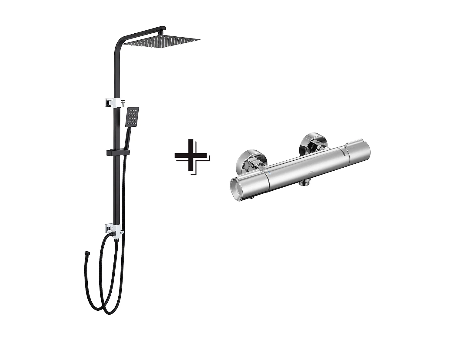 Colonna Doccia Nera,Senza Miscelatore,Altezza Regolabile 690-1130cm+Miscere Termostatico Doccia Pulsante Sicuro a 38°C,Cromato