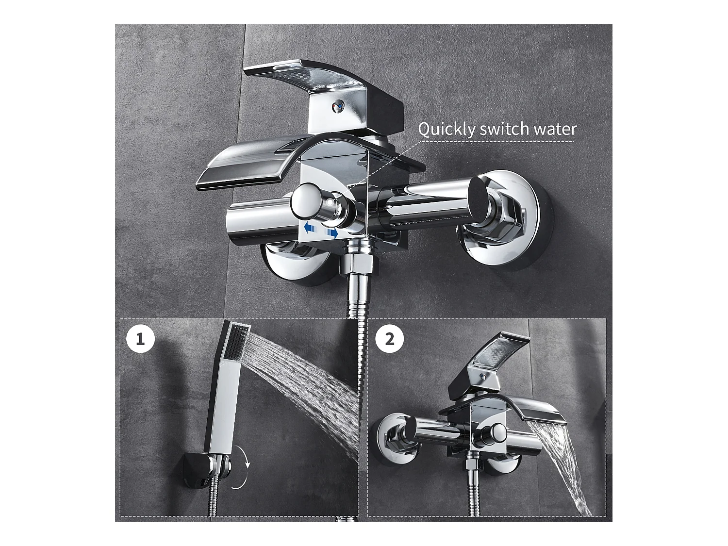 Wasserfall-Badewannen-Mischbatterie mit Handbrause und 1,5 m Brauseschlauch, Duscharmatur, Wandmontage, Badewannenarmatur, Messing, Chrom
