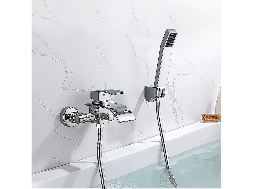 Wasserfall-Badewannen-Mischbatterie mit Handbrause und 1,5 m Brauseschlauch, Duscharmatur, Wandmontage, Badewannenarmatur, Messing, Chrom