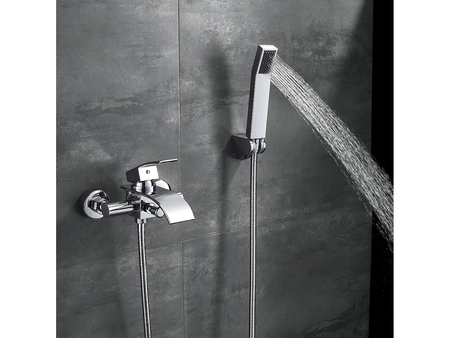 Mitigeur de Baignoire Cascade avec Douche à Main et Flexible de douche 1,5m Robinet de Douche Robinetterie mural Robinet de bain en Laiton Chrome