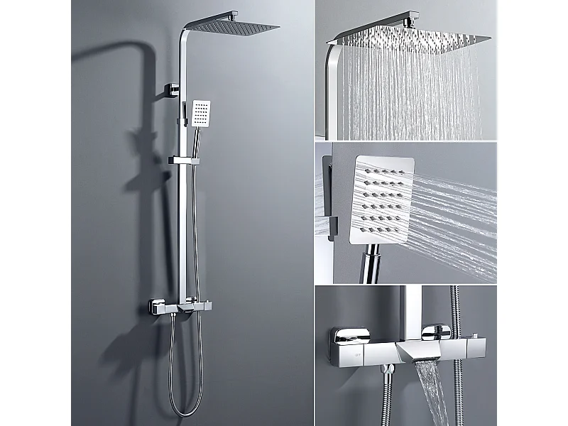 AURALUM MAX Thermostat-Duschsäule, höhenverstellbar, Messing-Duschsystem, 3 Duschmodi, wandmontiertes Duschset, Chrom