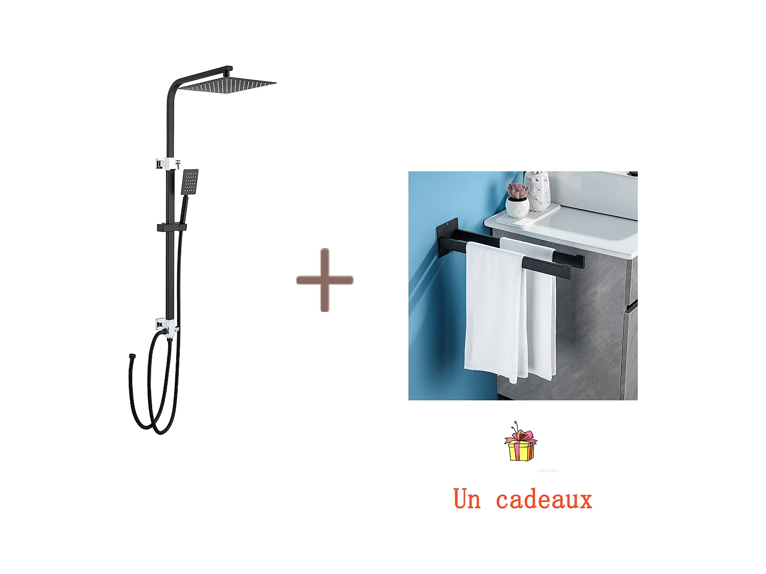 Colonne de Douche Noir Sans Mitigeur,Hauteur Réglable de 690-1130 mm+Porte Serviette Salle Bain Adhésif/Perçage,Barres Porte Serviettes Mural,Noir