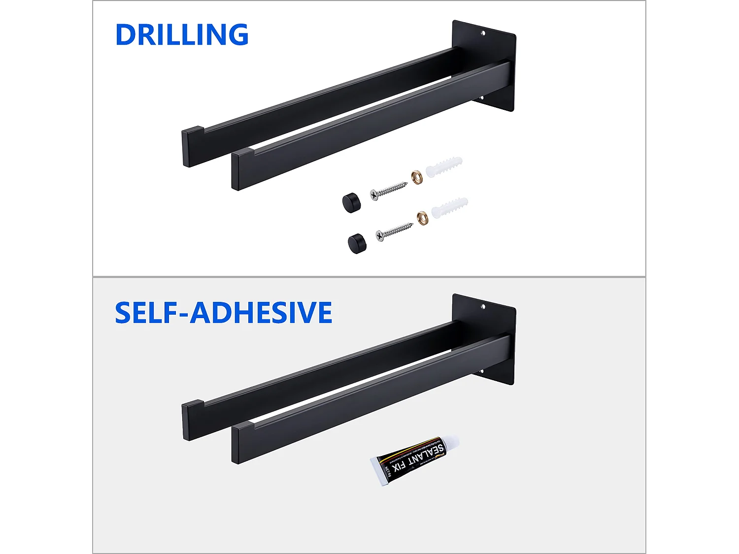 Colonne de Douche Noir Sans Mitigeur,Hauteur Réglable de 690-1130 mm+Porte Serviette Salle Bain Adhésif/Perçage,Barres Porte Serviettes Mural,Noir