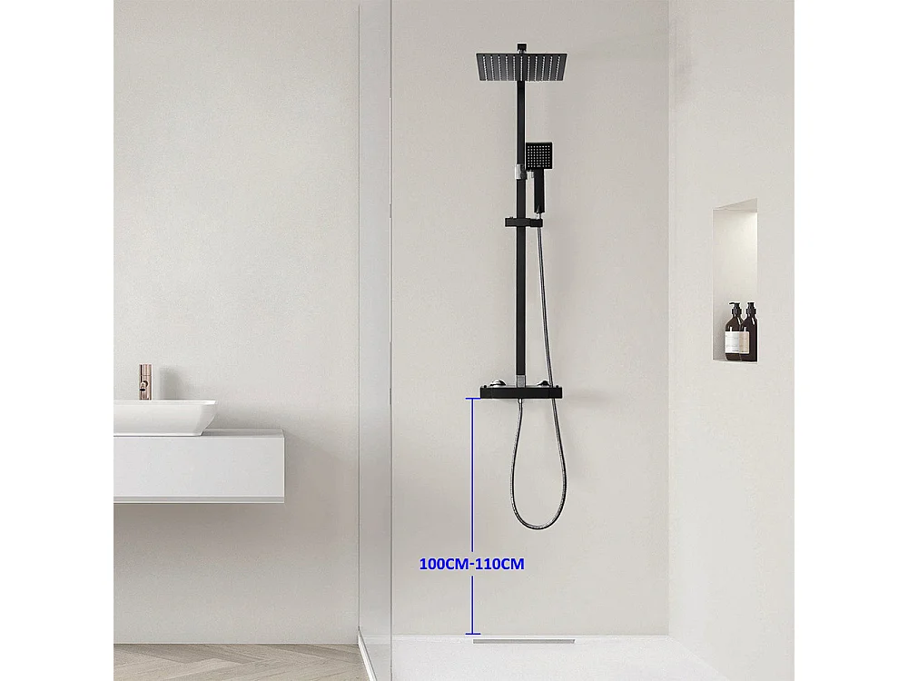 Colonne de Douche avec Mitigeur Thermostatique 2 Fonctions Ensemble de Douche avec Douchette de tête de 9 pouces, Haute Réglable, Salle de Bain,Noir