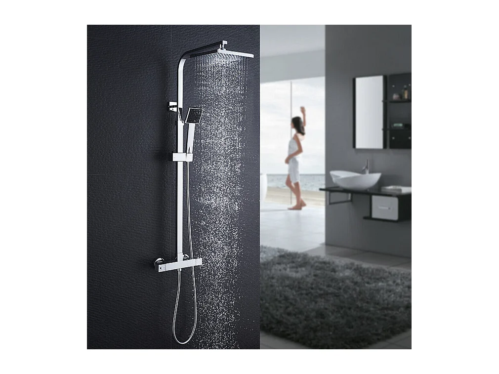 AURALUM MAX Colonne Douche Thermostatique,Ensemble Douche pour la Salle Bain Réglable en Hauteur,avec Pommeau de Pluie/Douchette à Main Carré,Chromé