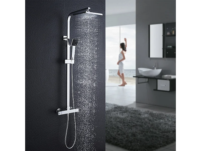 AURALUM MAX Colonne Douche Thermostatique,Ensemble Douche pour la Salle Bain Réglable en Hauteur,avec Pommeau de Pluie/Douchette à Main Carré,Chromé