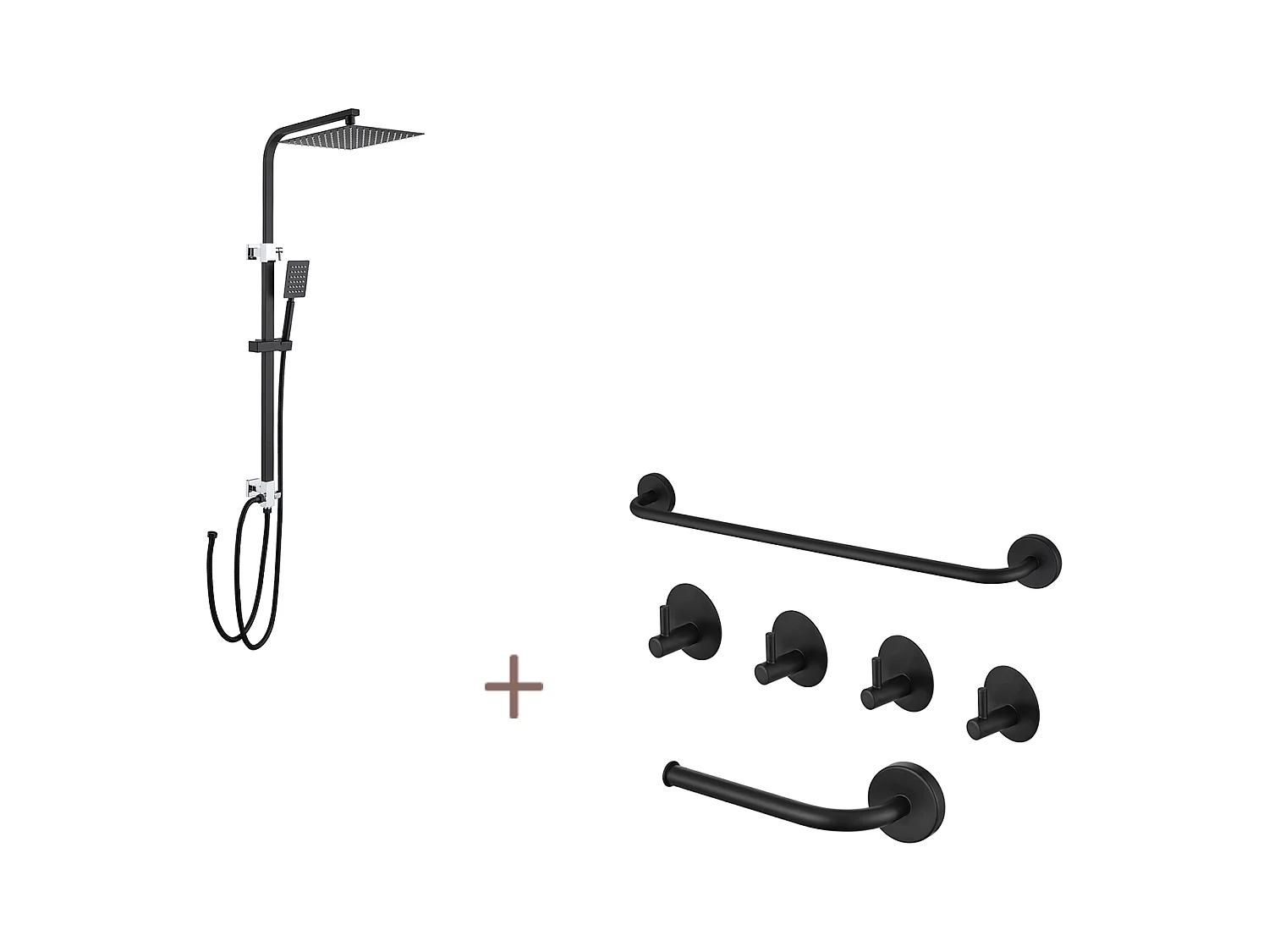 Colonne de Douche Noir Sans Mitigeur,en Hauteur Réglable 690-1130 mm+Ensemble Salle Bain Accessoire 6 Pièces,Auto-adhésif/percer,Inox,Noir