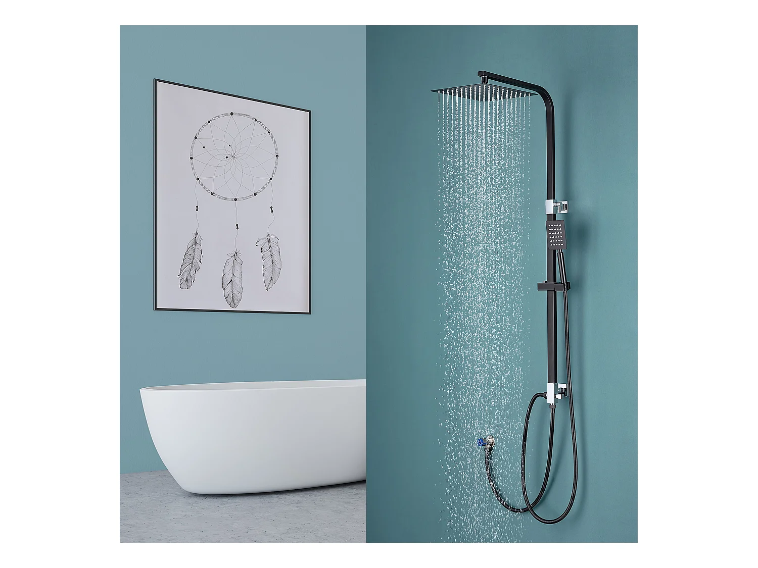Colonne de Douche Noir Sans Mitigeur,en Hauteur Réglable 690-1130 mm+Ensemble Salle Bain Accessoire 6 Pièces,Auto-adhésif/percer,Inox,Noir