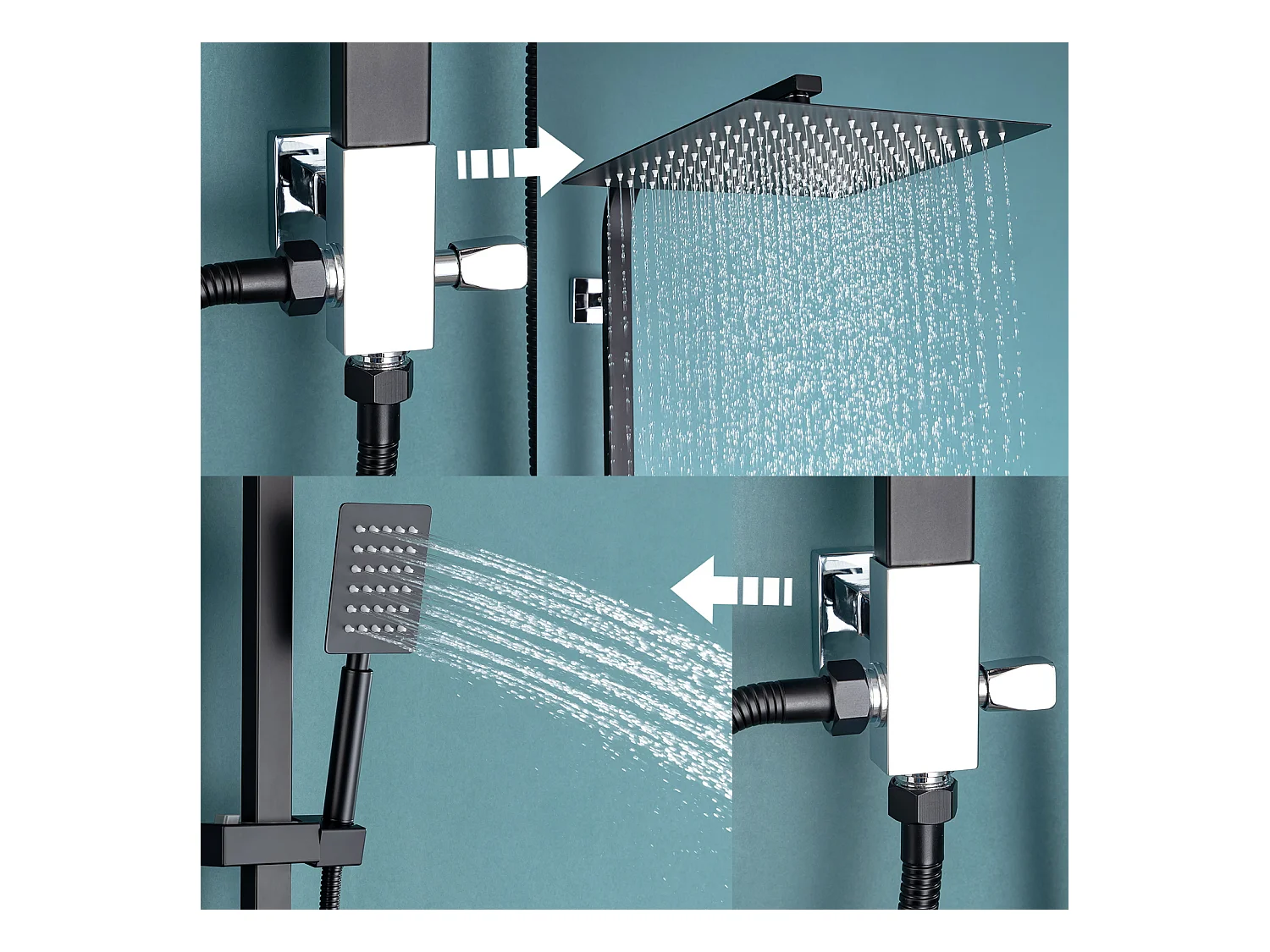 Colonne de Douche Noir Sans Mitigeur,en Hauteur Réglable 690-1130 mm+Ensemble Salle Bain Accessoire 6 Pièces,Auto-adhésif/percer,Inox,Noir