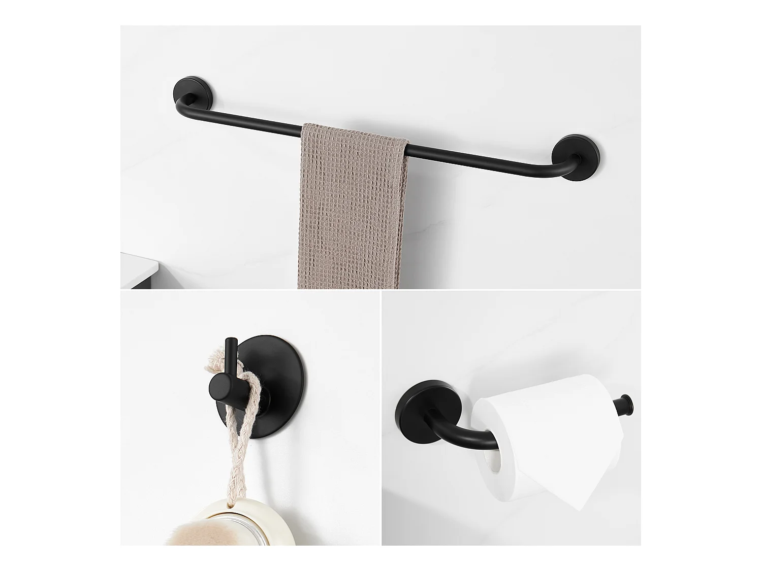 Colonne de Douche Noir Sans Mitigeur,en Hauteur Réglable 690-1130 mm+Ensemble Salle Bain Accessoire 6 Pièces,Auto-adhésif/percer,Inox,Noir